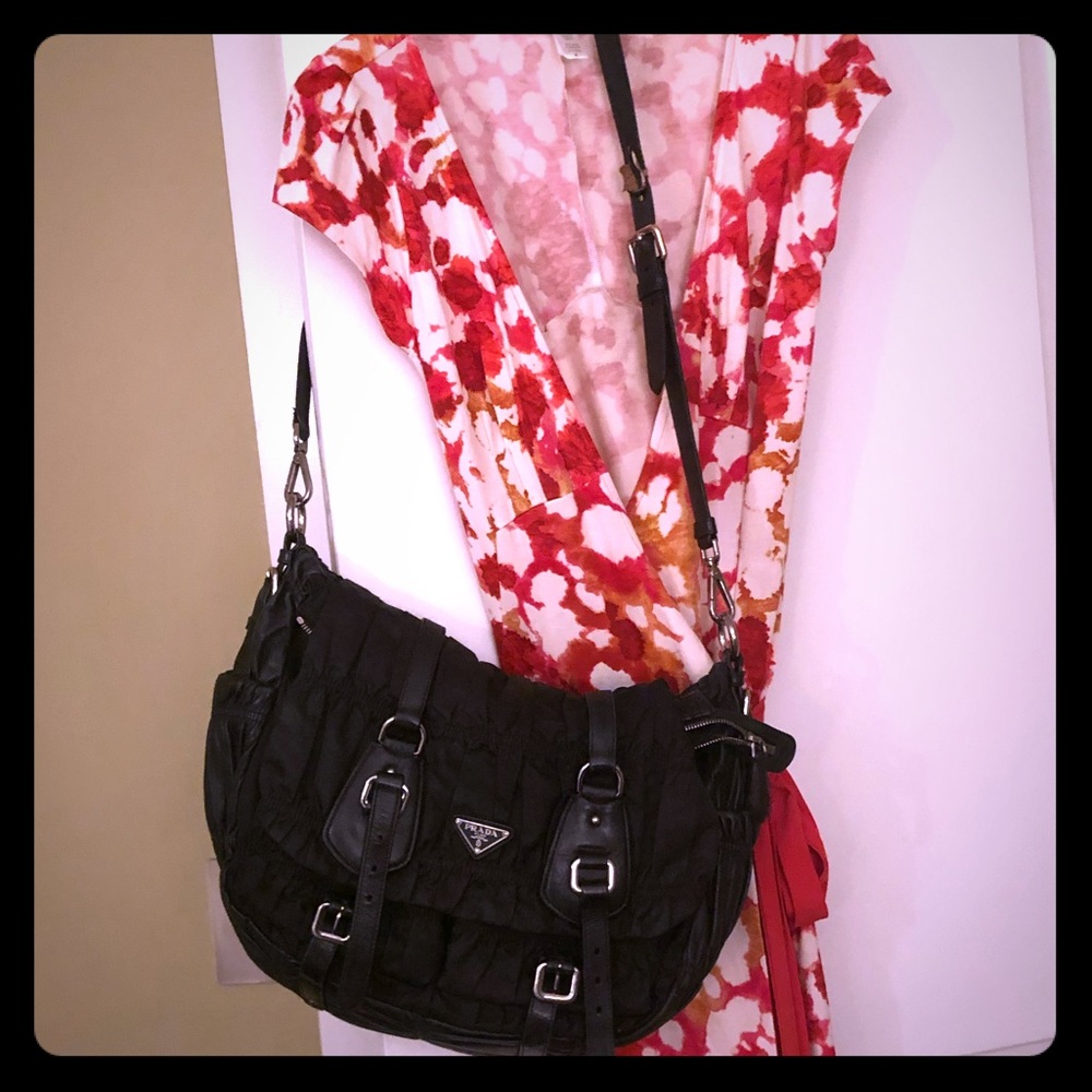 Prada Black Ruched Nylon/Leather Messenger Bag